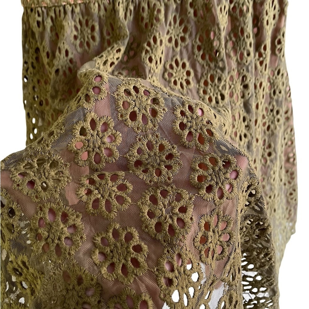 Anthropologie Ark and Co Olive Green Peplum Ruffled Lace Overlay Dress Medium - Picture 5 of 10